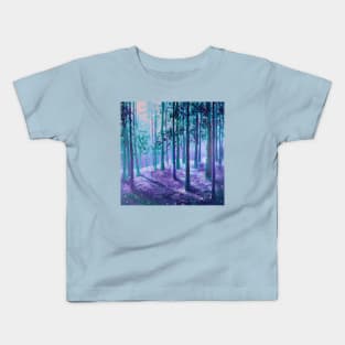 Impressionist nature dreamy landscape sunlight misty forest teal purple trees Kids T-Shirt